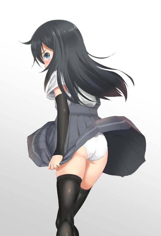 1girl arm_warmers asashio_(kantai_collection) ass black_hair black_legwear black_skirt blue_eyes blush from_behind high-waist_skirt kantai_collection long_hair long_sleeves looking_back mushi_gyouza panties pulled_by_self revision shirt short_sleeves simple_background skirt skirt_pull solo suspender_skirt suspenders thigh-highs thighs underwear white_background white_panties white_shirt wind wind_lift