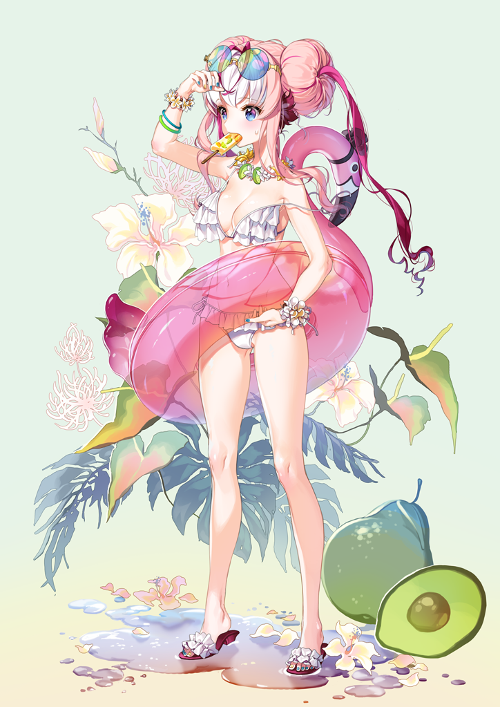 1girl anthurium avocado bangle bangs bikini bird blue_eyes blue_nails blush bracelet breasts bud cherrypin chrysanthemum cleavage clogs double_bun eyebrows_visible_through_hair flamingo floral_background flower flower_bracelet flower_necklace flower_request food food_in_mouth frilled_bikini frills fruit full_body gradient gradient_background groin high_heels holding hot innertube jewelry legs_apart long_hair looking_at_viewer medium_breasts mouth_hold multicolored multicolored_hair multicolored_nail_polish nail_polish navel necklace original petals pink_hair popsicle puddle shading_eyes side-tie_bikini sidelocks solo standing strap_slip streaked_hair summer sunglasses sunglasses_on_head sweatdrop swimsuit toenail_polish transparent two-tone_hair white_bikini white_flower white_hair yellow_nails