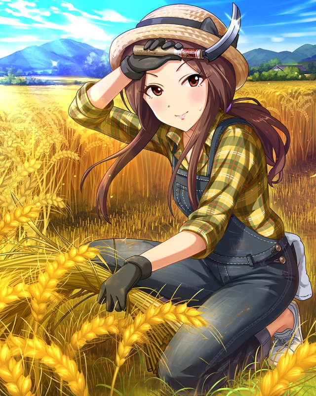 1girl artist_request blue_sky blush brown_hair crops dirty_clothes gloves hat holding idolmaster idolmaster_cinderella_girls komuro_chinami long_hair low_ponytail mountain official_art red_eyes sky smile solo squatting sunlight sweat
