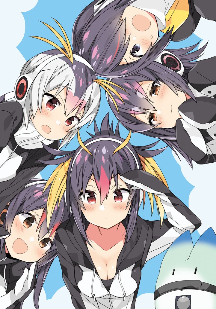 5girls :d :o araki_kanao arm_at_side bangs black_hair black_jacket blue_sky blush breasts brown_eyes cleavage closed_mouth clouds collarbone day dot_nose drawstrings emperor_penguin_(kemono_friends) eyelashes from_below gentoo_penguin_(kemono_friends) hair_over_one_eye hand_on_forehead hand_up hands_on_own_chin hands_up headphones hood hood_down hooded_jacket humboldt_penguin_(kemono_friends) jacket kemono_friends leaning_forward light_brown_eyes long_hair long_sleeves looking_at_viewer looking_down low_twintails lucky_beast_(kemono_friends) medium_breasts multicolored multicolored_clothes multicolored_hair multicolored_jacket multiple_girls open_clothes open_jacket open_mouth outdoors own_hands_together penguins_performance_project_(kemono_friends) pink_hair red_eyes redhead rockhopper_penguin_(kemono_friends) royal_penguin_(kemono_friends) sky smile sweat swept_bangs tareme turtleneck twintails upper_body white_hair white_jacket zipper zipper_pull_tab