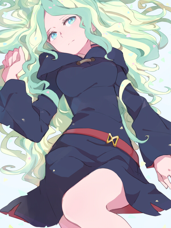 1girl blue_eyes diana_cavendish green_hair hood hood_down little_witch_academia long_hair looking_at_viewer lying on_back skirt solo sou_(tuhut) witch