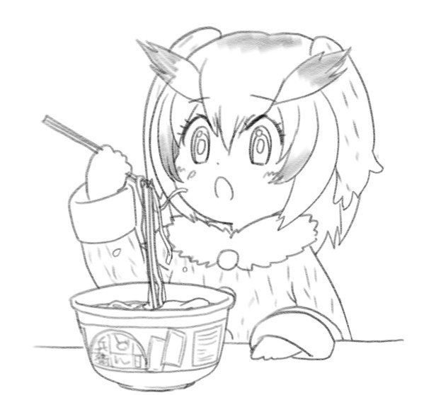 1girl :o blush buttons calpara chopsticks clenched_hand coat dot_nose eyebrows_visible_through_hair eyelashes food fur_collar hair_between_eyes hand_up holding holding_food kemono_friends lineart long_sleeves looking_down monochrome noodles northern_white-faced_owl_(kemono_friends) open_mouth ramen short_hair simple_background sleeve_cuffs solo table tareme upper_body white_background