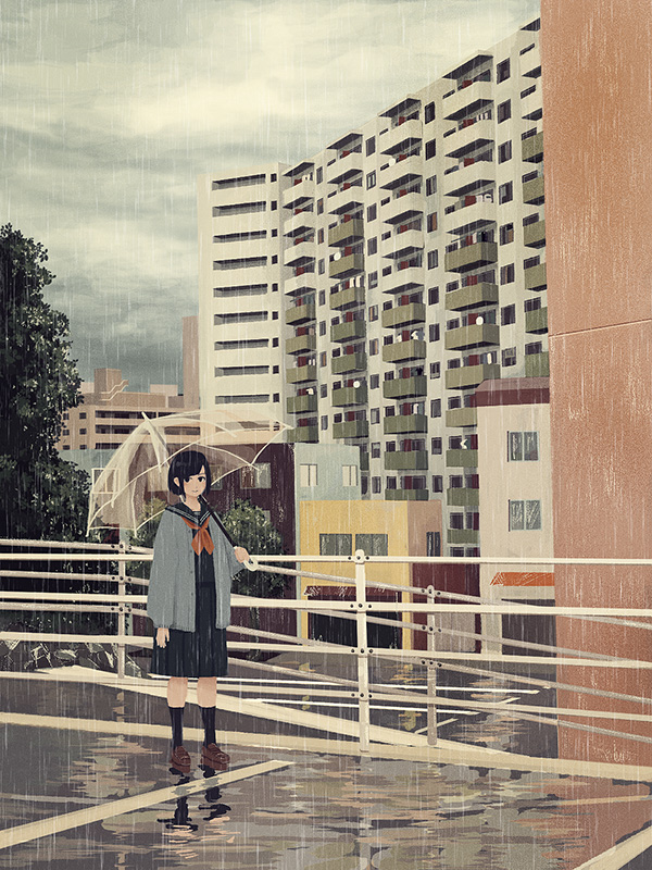 1girl black_hair blush building cardigan city clouds cloudy_sky commentary craft-cs flat_color kneehighs looking_at_viewer muted_color original puddle railing rain reflection road scenery school_uniform serafuku short_hair sidelocks sky smile solo street tree umbrella