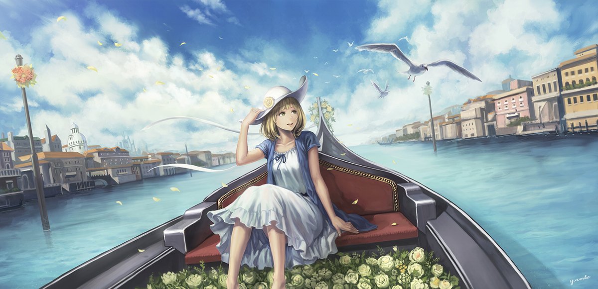 1girl anbe_yoshirou bird blonde_hair blue_ribbon blue_sky boat building clouds cloudy_sky commentary_request day dress flower hat hat_flower neck_ribbon outdoors petals ribbon river seagull short_hair sitting sky solo sun_hat sunlight water watercraft white_dress white_hat yellow_eyes