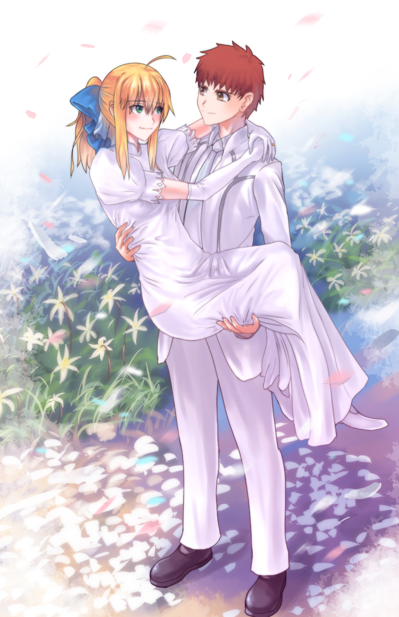 1boy 1girl bow brown_eyes carrying dress emiya_shirou fate/stay_night fate_(series) fateline_alpha flower formal green_eyes hair_bow highres jewelry necktie pants petals ponytail princess_carry redhead ring saber short_hair smile suit wedding_ring white_dress white_necktie white_pants white_suit