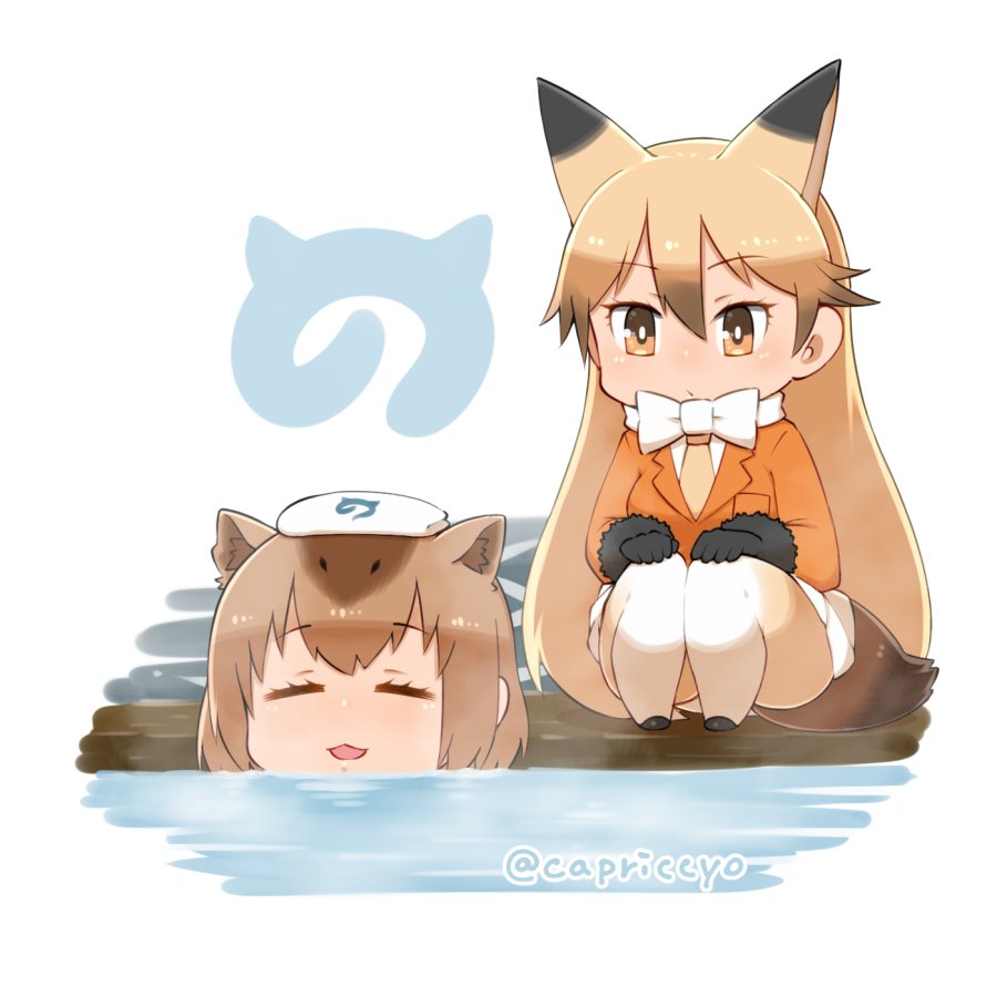 2girls :/ ^_^ animal_ears black_footwear black_gloves blush bow bowtie breast_pocket brown_hair capriccyo capybara_(kemono_friends) capybara_ears closed_eyes expressionless extra_ears eyebrows_visible_through_hair eyelashes ezo_red_fox_(kemono_friends) facing_viewer fox_ears fox_tail full_body fur-trimmed_sleeves fur_trim gloves gradient_hair gradient_legwear hands_on_own_knees jacket japari_symbol kemono_friends legs_together light_brown_eyes long_hair long_sleeves multicolored multicolored_clothes multicolored_hair multicolored_legwear multiple_girls necktie object_on_head on_head onsen open_mouth orange_jacket outdoors outline partially_submerged pleated_skirt pocket short_hair sitting skirt smile tail towel towel_on_head tsurime twitter_username two-tone_hair two-tone_legwear vapors water white_background white_bow white_bowtie white_legwear white_outline white_skirt white_towel yellow_legwear yellow_necktie |3