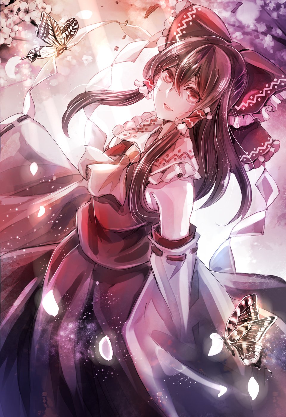 1girl ascot black_hair bow butterfly cherry_blossoms cowboy_shot detached_sleeves frilled_shirt_collar frills hair_between_eyes hair_bow hair_tubes hakurei_reimu highres jan_(lightdragoon) long_hair long_sleeves looking_at_viewer nontraditional_miko parted_lips red_bow red_eyes red_shirt red_skirt ribbon-trimmed_sleeves ribbon_trim shirt sidelocks skirt skirt_set sleeveless sleeveless_shirt smile solo touhou wide_sleeves