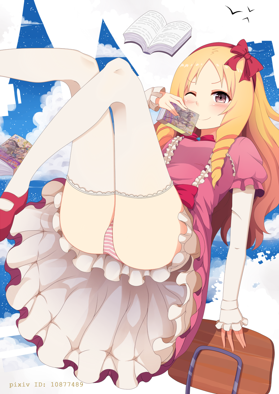 &gt;;) 1girl ;) ass bangs bima_rahmaa blonde_hair blush book bow bowtie breasts brown_eyes chair clouds commentary_request dress drill_hair eromanga_sensei eyebrows_visible_through_hair frilled_dress frilled_legwear frills gradient_hair hair_bow hairband highres holding holding_book legs_up lolita_fashion long_hair mary_janes multicolored_hair novel_(object) one_eye_closed open_book panties pantyshot parted_bangs petticoat pink_dress pixiv_id red_bow red_bowtie red_hairband red_shoes shoes short_over_long_sleeves sleeves_past_wrists smile solo striped striped_panties thigh-highs twin_drills underwear wavy_hair white_legwear yamada_elf