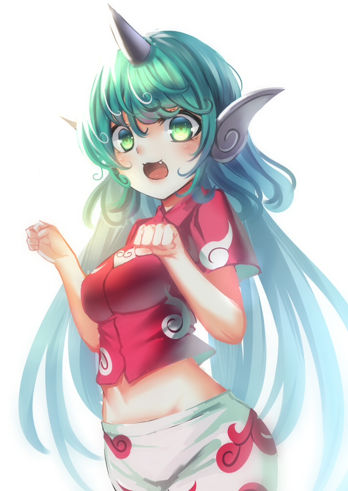 1girl :3 :d alternate_hair_color bangs bare_arms breasts cloud_print collared_shirt cowboy_shot crop_top curly_hair eyelashes facing_away fang green_eyes green_hair groin hair_between_eyes horn koissa komano_aunn long_hair looking_at_viewer medium_breasts navel open_mouth paw_pose red_shirt shirt short_sleeves shorts sidelocks simple_background smile solo standing tareme taut_clothes taut_shirt tongue touhou very_long_hair white_background white_shorts