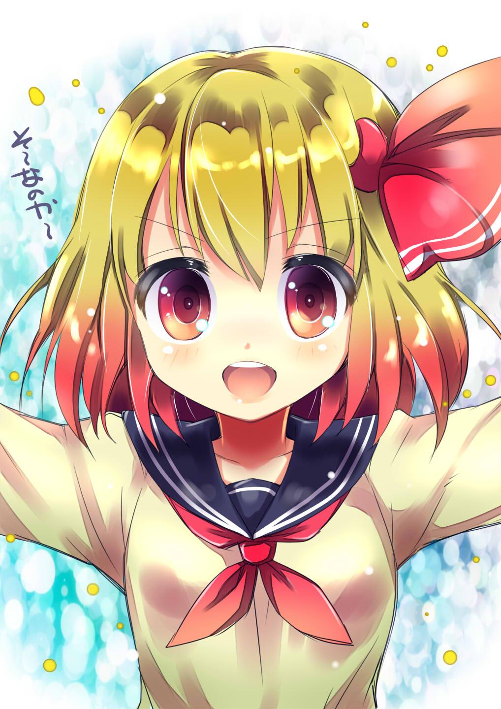 1girl blonde_hair blush eyebrows_visible_through_hair highres looking_at_viewer neckerchief open_mouth red_eyes red_neckerchief rumia short_hair smile solo teeth text touhou translation_request uta_(kuroneko)