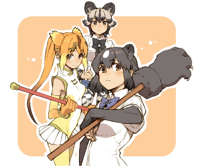 3girls :c african_wild_dog_(kemono_friends) african_wild_dog_ears african_wild_dog_print animal_ears animal_print armpit_peek bare_shoulders bear_ears bear_paw_hammer black_gloves black_hair black_ribbon blonde_hair blue_ribbon blush border bracelet breasts brown_bear_(kemono_friends) brown_eyes brown_hair circlet closed_mouth collar collared_shirt cowboy_shot denim denim_shorts dot_nose expressionless extra_ears eyebrows eyebrows_visible_through_hair eyelashes fingerless_gloves from_side gloves golden_snub-nosed_monkey_(kemono_friends) gradient_hair hair_ornament hand_on_hip high_ponytail holding holding_staff holding_weapon jewelry kemono_friends leotard long_hair long_sleeves looking_at_viewer medium_breasts miyuu monkey_ears multicolored multicolored_clothes multicolored_gloves multicolored_hair multiple_girls neck_ribbon orange_gloves orange_hair outline outside_border pink_background pleated_skirt ponytail print_legwear ribbon rounded_corners shirt short_hair short_over_long_sleeves short_shorts short_sleeves shorts simple_background skirt sleeveless smile staff tareme tsurime two-tone_hair upper_body weapon white_border white_hair white_outline white_shirt white_skirt wing_collar yellow_gloves