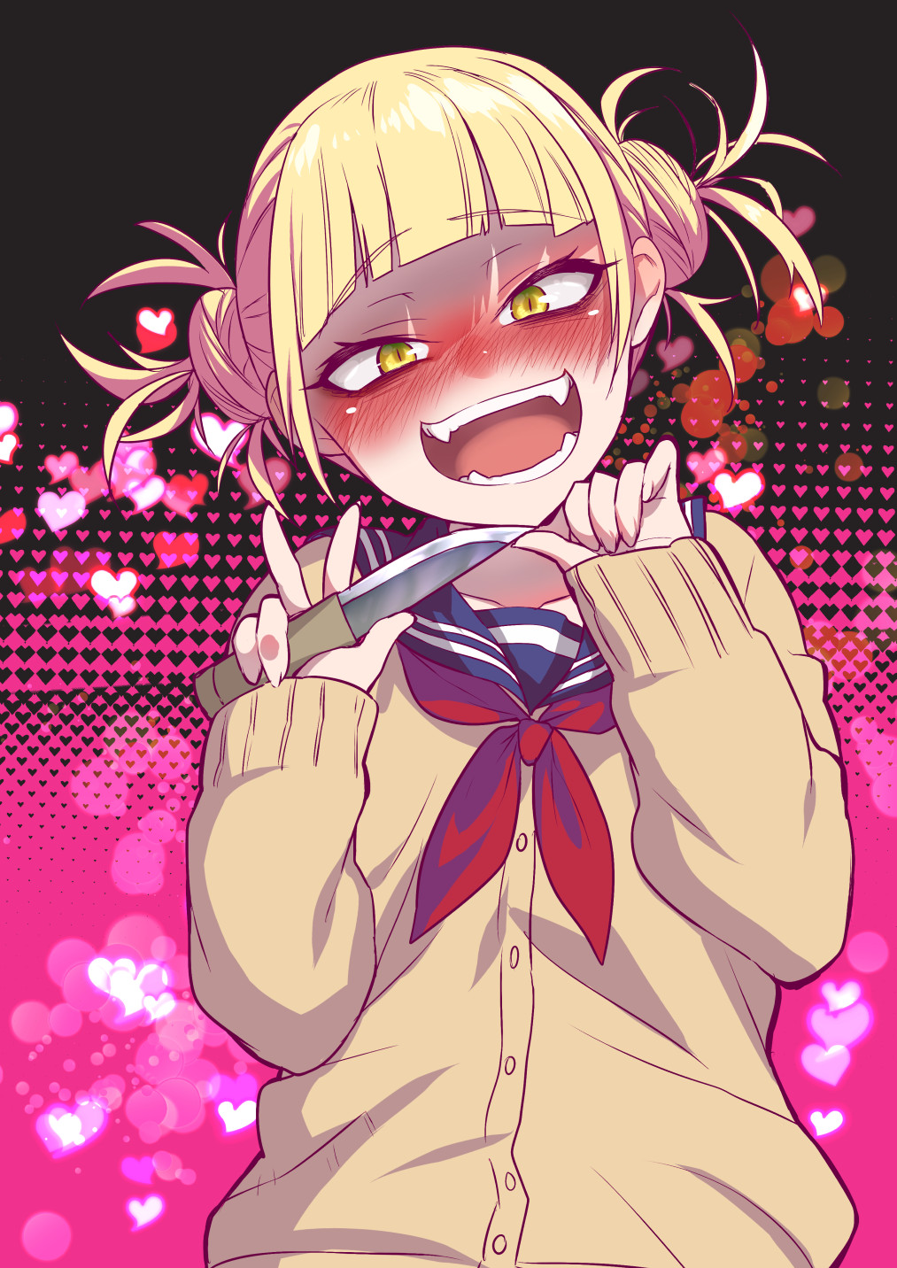 1girl :d bangs blonde_hair blunt_bangs blush boku_no_hero_academia bow bowtie cardigan double_bun fangs heart heart_background highres knife long_sleeves looking_at_viewer minatasiro open_mouth red_bow school_uniform serafuku smile solo toga_himiko twintails v yandere_trance yellow_eyes