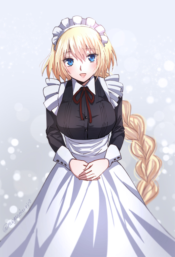 1girl :d alternate_costume apron blonde_hair blue_eyes blush braid breasts commentary_request enmaided fate/apocrypha fate_(series) hands_together large_breasts long_hair long_sleeves looking_at_viewer maid maid_headdress neck_ribbon open_mouth red_ribbon ribbon ruler_(fate/apocrypha) single_braid smile solo sushimaro twitter_username very_long_hair waist_apron