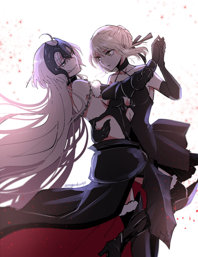 ahoge bare_shoulders black_gloves black_ribbon breasts chains cleavage commentary_request dancing elbow_gloves eye_contact fate/apocrypha fate/grand_order fate/stay_night fate_(series) gloves hair_ribbon halterneck hand_holding headpiece interlocked_fingers jeanne_alter looking_at_another medium_breasts ribbon ruler_(fate/apocrypha) saber saber_alter sideboob smile sushimaro trait_connection twitter_username white_hair yellow_eyes