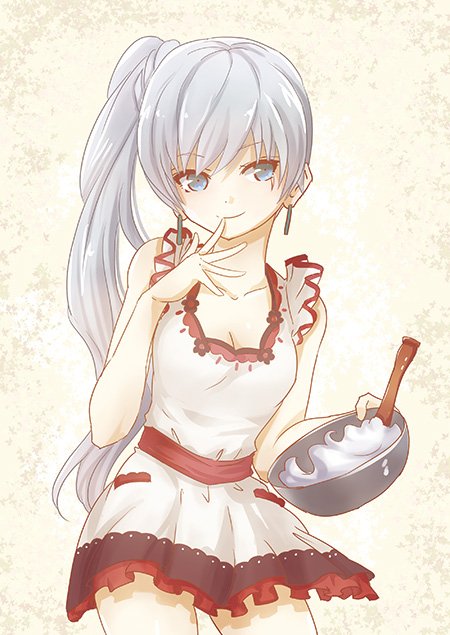 1girl apron blue_eyes bowl cooking food looking_at_viewer ponytail rwby simple_background smile solo solo_focus weiss_schnee white_hair