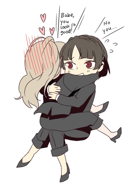 2girls black_hair blonde_hair blush braid brown_eyes chibi crown_braid english flying_sweatdrops formal high_heels hug long_hair multiple_girls niijima_makoto open_mouth persona persona_5 radiostarkiller short_hair suit takamaki_anne twintails yuri