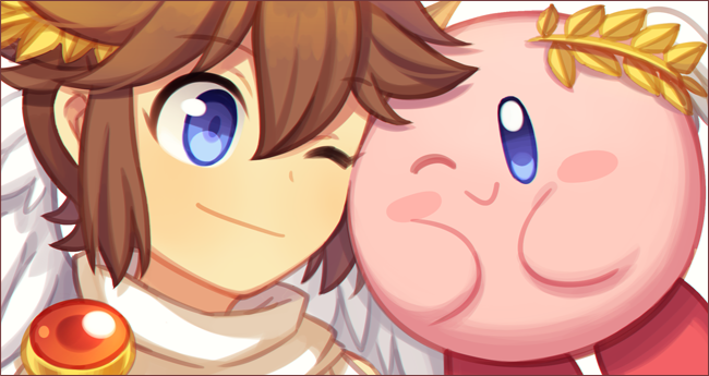 1boy 1other blue_eyes blush brown_hair hoshi_no_kirby kid_icarus kid_icarus_uprising kirby kirby_(series) kirby_(specie) one_eye_closed pit_(kid_icarus) smile super_smash_bros. wusagi2