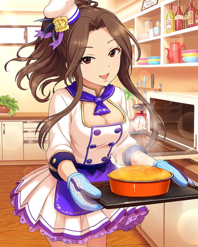 1girl apron artist_request breasts brown_hair cake cleavage dress food hat holding idolmaster idolmaster_cinderella_girls kitchen komuro_chinami long_hair looking_at_viewer mittens official_art open_mouth oven oven_mitts patissier plant ponytail red_eyes smile solo