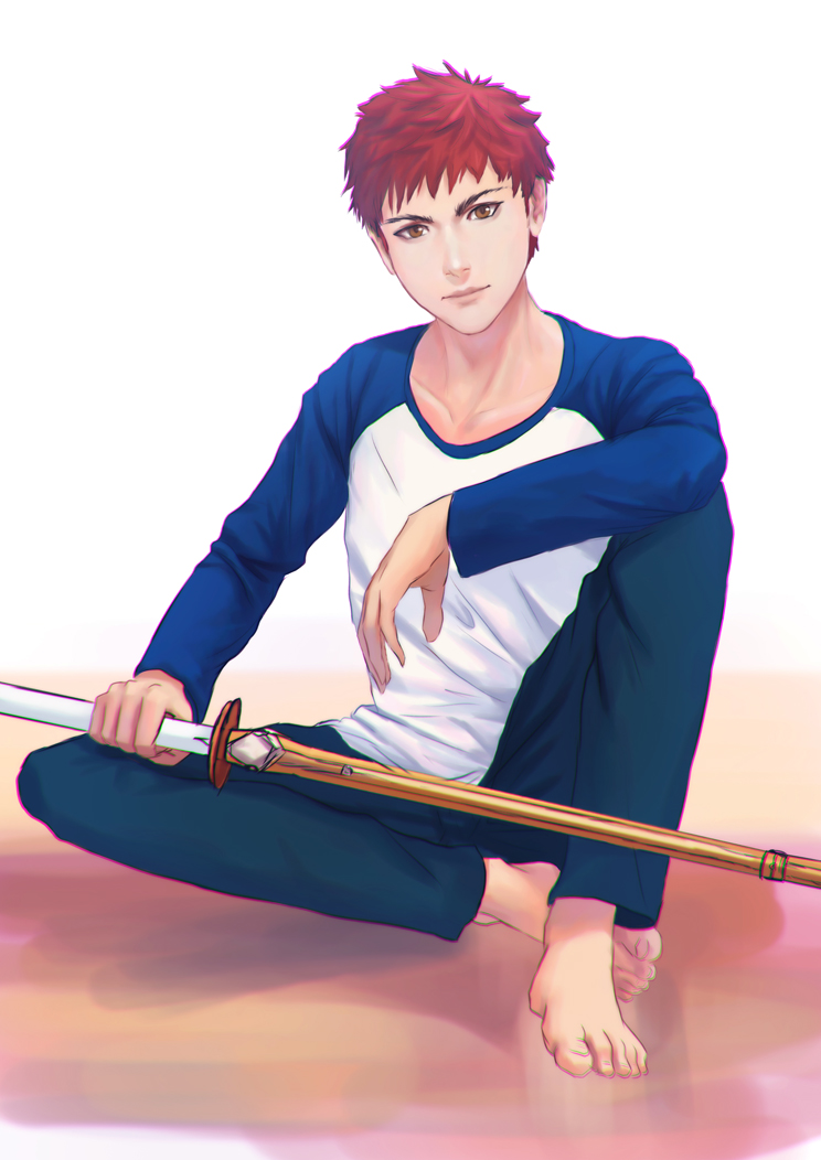 1boy barefoot brown_eyes emiya_shirou fate/stay_night fate_(series) fateline_alpha lips long_sleeves looking_at_viewer raglan_sleeves shinai sitting solo sword weapon