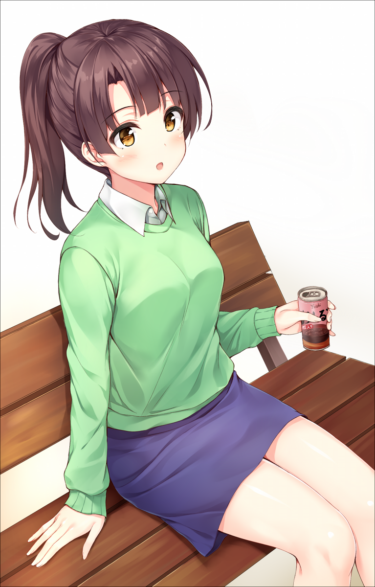 1girl :d arm_at_side bangs bench black_border blue_skirt blunt_bangs blush border breasts brown_eyes can casual collared_shirt commentary_request eyebrows_visible_through_hair from_above green_sweater highres holding katou_megumi long_hair long_sleeves looking_at_viewer looking_up medium_breasts medium_skirt open_mouth park_bench pasdar ponytail saenai_heroine_no_sodatekata shiny shiny_skin shirt simple_background sitting skirt sleeves_past_wrists smile soda_can solo sweater tareme white_background wing_collar