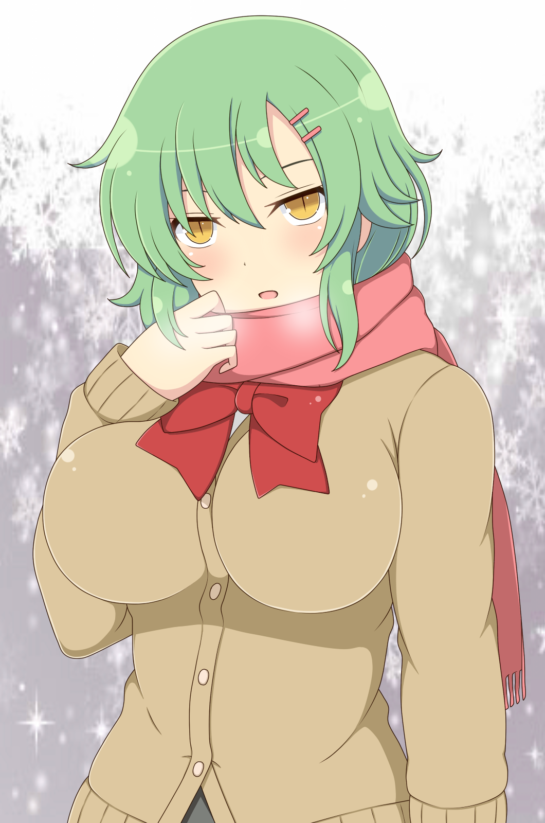 1girl bangs blush bow bowtie breasts breath cardigan green_hair hair_ornament hairclip highres hikage_(senran_kagura) ichiryuu_tsumiki impossible_clothes large_breasts long_sleeves looking_at_viewer parted_lips pink_scarf red_bow red_bowtie scarf senran_kagura senran_kagura_(series) short_hair slit_pupils snowflakes snowing solo upper_body yellow_eyes