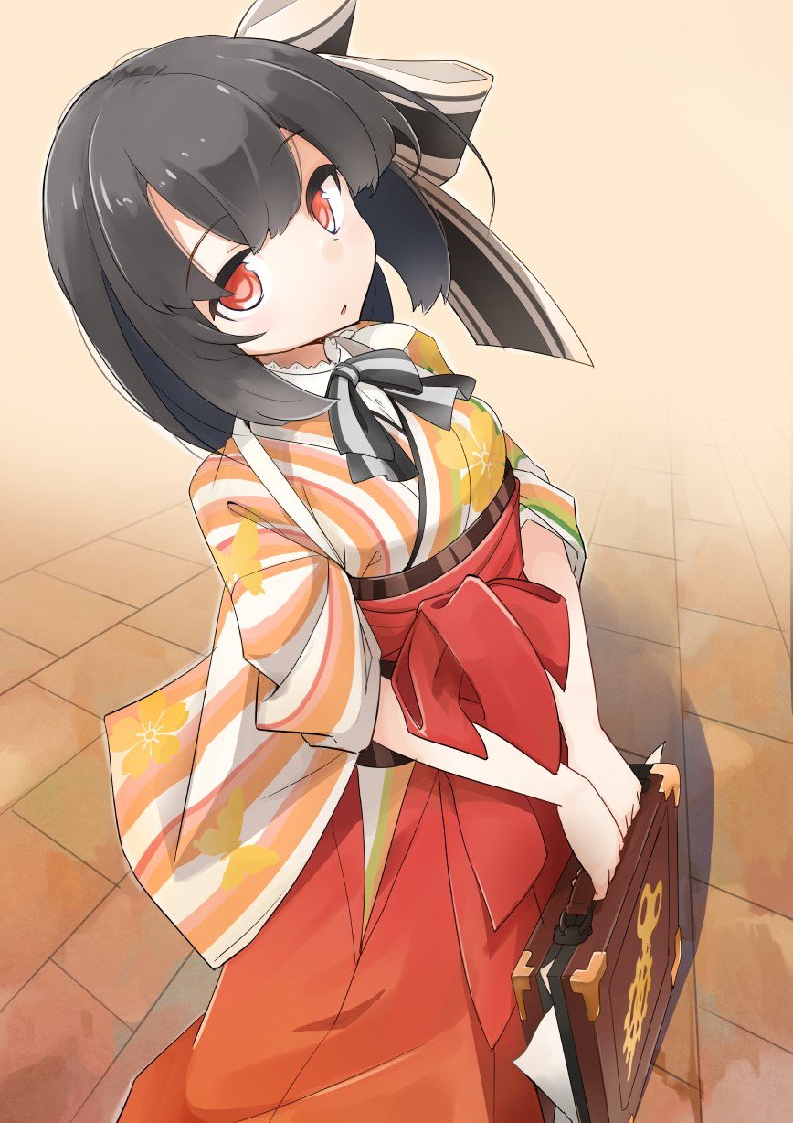 1girl bangs beige_background black_hair bow brick_floor briefcase frills gears hair_bow hair_ornament hakama hands_together highres holding japanese_clothes looking_at_viewer obi original paper red_eyes red_hakama sash senhappyaku short_hair solo striped tasuki wide_sleeves winding_key