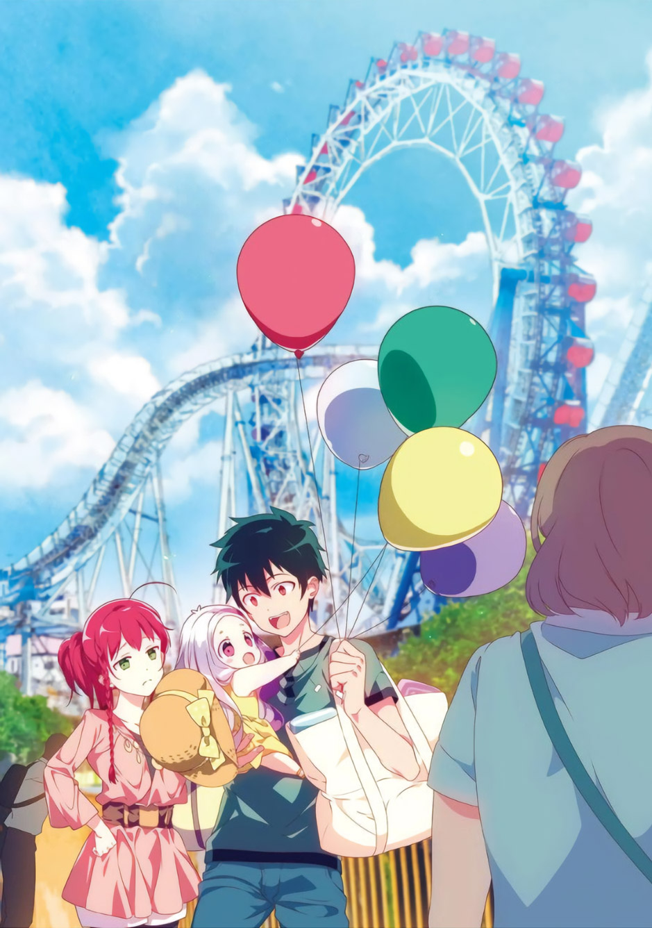 2girls 3boys ahoge akio_hiiragi arras_ramus baby balloon black_hair ferris_wheel hat hataraku_maou-sama! highres hug maou_sadao multiple_boys multiple_girls official_art purple_hair redhead roller_coaster yusa_emi