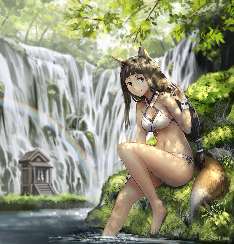 1girl anbe_yoshirou animal_ears bandeau bangs bare_arms bare_legs bare_shoulders barefoot bikini black_eyes blunt_bangs breasts building day fox_ears fox_tail full_body jewelry long_hair low-tied_long_hair medium_breasts moss navel necklace plant rain shinma_x_keishou!_ragnabreak shrine soaking_feet solo strapless sunlight swimsuit tail tassel tree very_long_hair water waterfall white_bikini white_flower wrist_cuffs