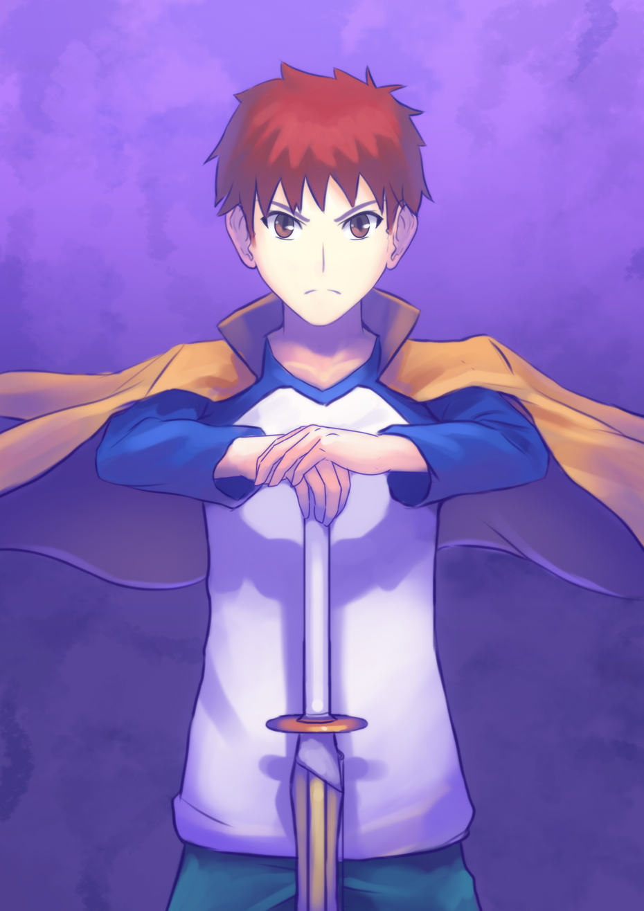 1boy brown_eyes emiya_shirou fate/stay_night fate_(series) fateline_alpha highres jacket looking_at_viewer male_focus raglan_sleeves redhead school_uniform shinai short_hair solo sword weapon