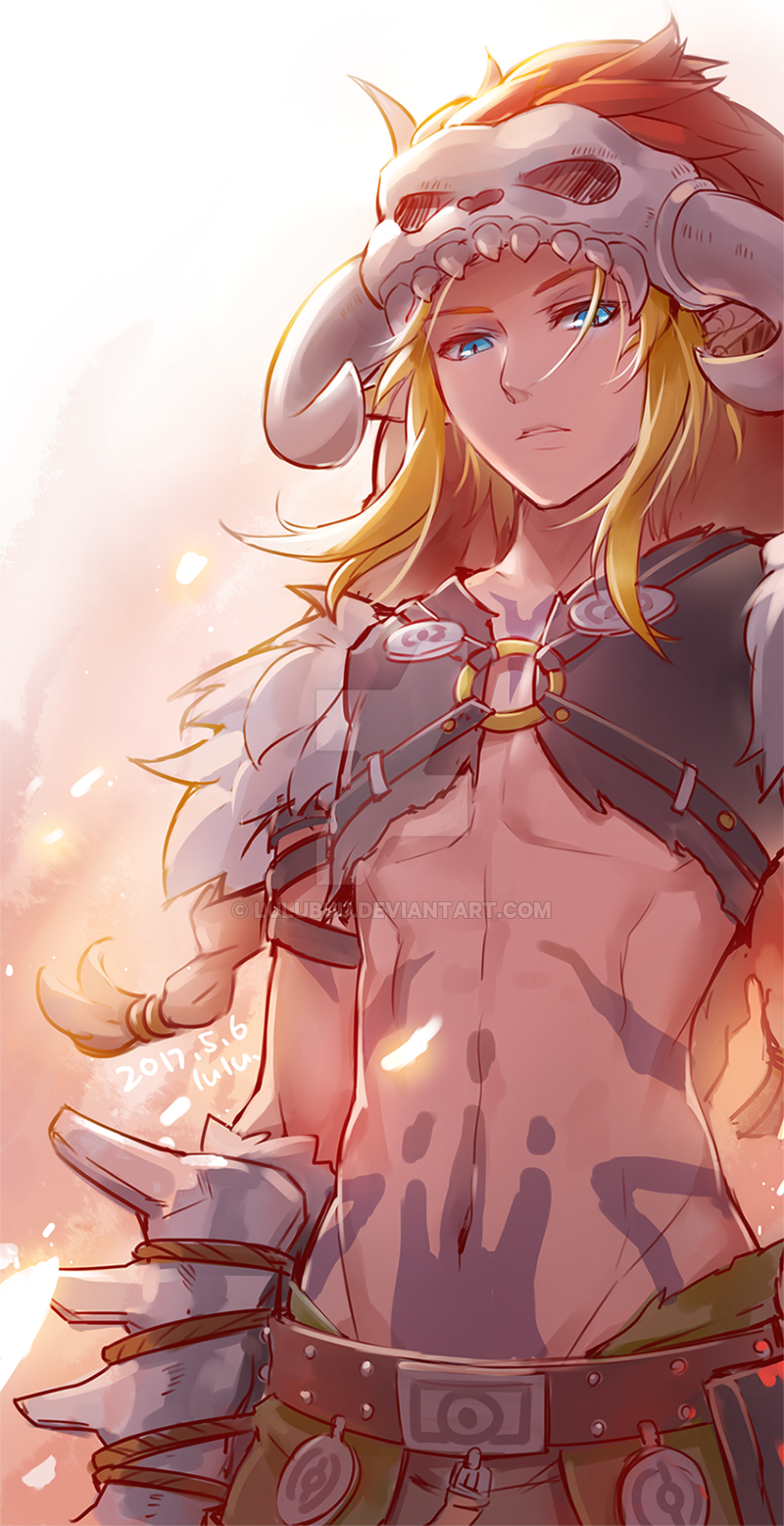 1boy abs armor blonde_hair blue_eyes earrings highres jewelry link long_hair looking_at_viewer male_focus navel pointy_ears skull solo stomach the_legend_of_zelda the_legend_of_zelda:_breath_of_the_wild