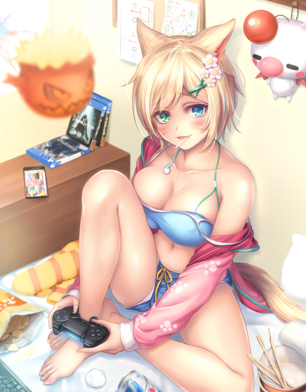 1girl animal_ears barefoot blonde_hair blue_eyes candy cat_ears chips controller facial_mark fang feet final_fantasy final_fantasy_xiv food game_controller gamepad green_eyes hair_ornament hairclip heterochromia highres lollipop looking_at_viewer miqo'te navel open_mouth shiny shiny_skin short_shorts shorts sitting solo tiphereth toes