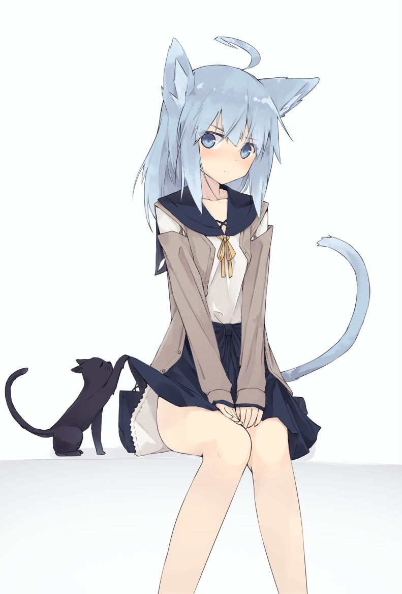 1girl ahoge animal_ears bangs black_cat blouse blue_eyes blue_hair blue_skirt blush cardigan cat cat_ears cat_tail closed_mouth knees_together_feet_apart long_hair looking_at_another open_cardigan open_clothes original pout sailor_collar shio_(shia-ushio) sidelocks simple_background sitting skirt skirt_lift solo tail white_background white_blouse
