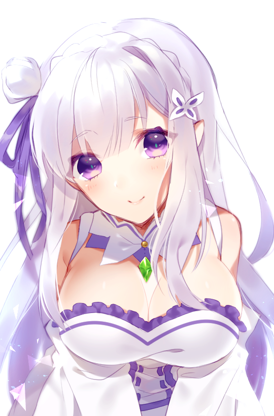 1girl :d ai_(blacktea_milk) blush braid breasts butterfly butterfly_hair_ornament cleavage cleavage_cutout closed_mouth crown_braid dress emerald emilia_(re:zero) female flower frilled_dress frilled_sleeves frills gem hair_flower hair_ornament hairband happy large_breasts long_hair long_sleeves looking_at_viewer multicolored multicolored_eyes open_mouth pointy_ears purple_hair re:zero_kara_hajimeru_isekai_seikatsu ribbon shoulder_cutout silver_hair smile solo tied_hair upper_body very_long_hair violet_eyes white_dress white_flower wide_sleeves
