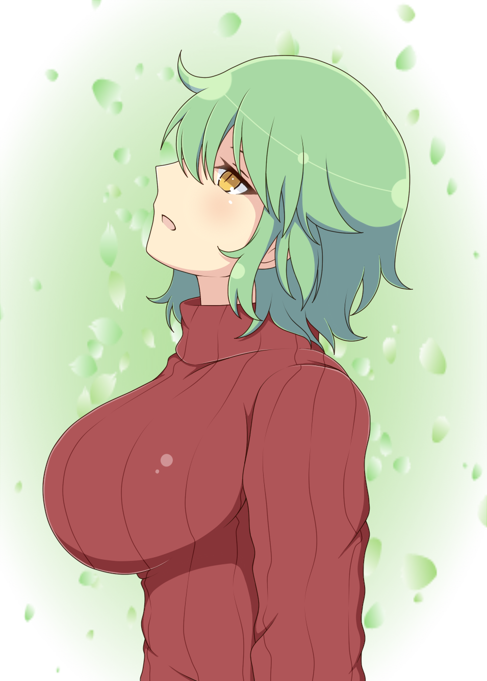 1girl arms_at_sides blush breasts from_side green_hair highres hikage_(senran_kagura) ichiryuu_tsumiki impossible_clothes large_breasts long_sleeves looking_up parted_lips profile ribbed_sweater short_hair slit_pupils solo sweater turtleneck turtleneck_sweater upper_body yellow_eyes