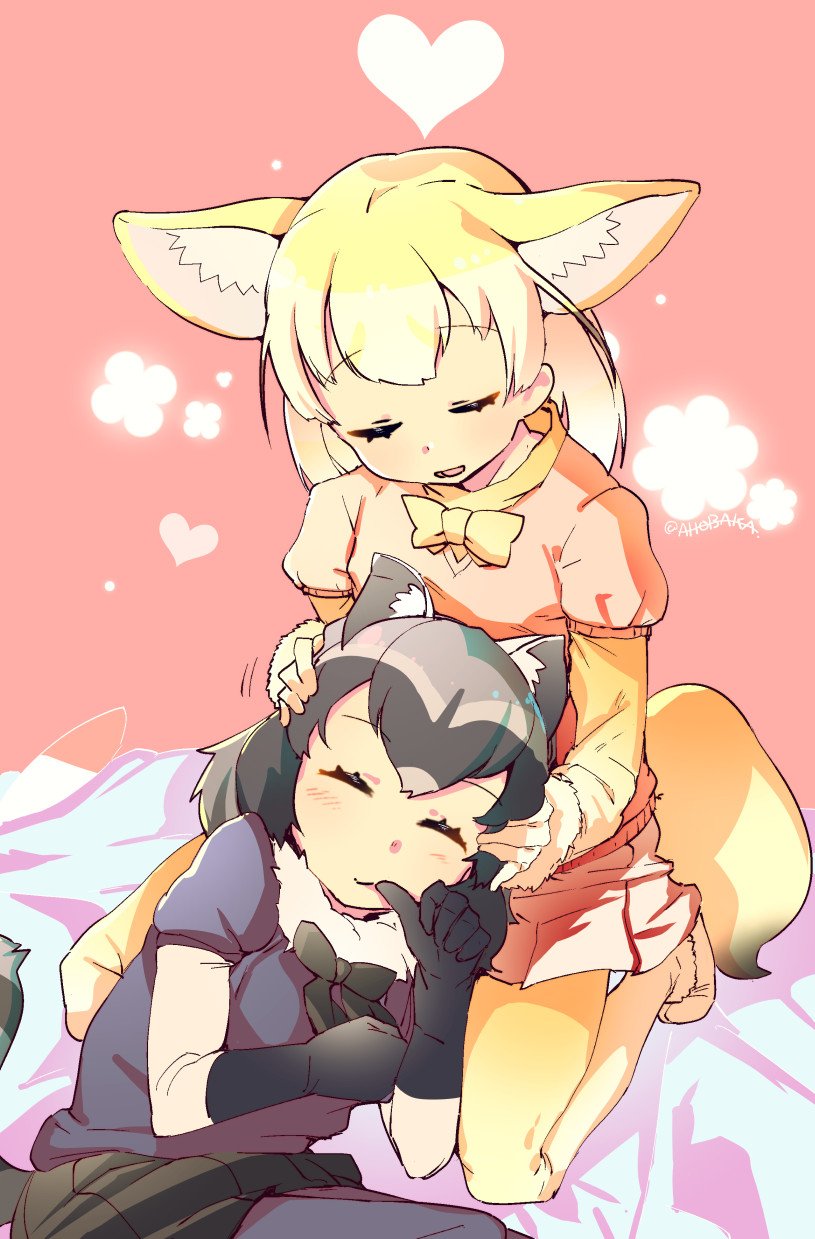 2girls ^_^ abstract_background ahobaka animal_ears bed_sheet black_gloves black_hair black_legwear black_ribbon black_skirt blonde_hair blue_shirt blush brown_hair clenched_hand closed_eyes common_raccoon_(kemono_friends) extra_ears eyebrows_visible_through_hair eyelashes facing_another fennec_(kemono_friends) finger_sucking finger_to_mouth floral_background fox_ears fox_tail fur_collar fur_trim gloves gradient_clothes gradient_legwear grey_hair hands_on_another's_head heart highres kemono_friends lap_pillow lying motion_lines multicolored_hair multiple_girls neck_ribbon open_mouth pantyhose petting pink_sweater pleated_skirt puffy_short_sleeves puffy_sleeves raccoon_ears raccoon_tail ribbon shadow shirt short_hair short_sleeve_sweater short_sleeves sitting skirt sleeping smile striped_tail sweater tail thumb_sucking twitter_username white_hair yellow_legwear yellow_ribbon yuri |3