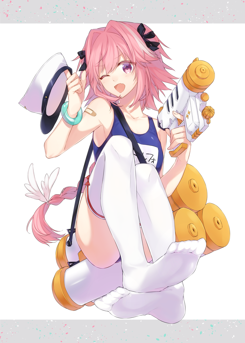 1boy blush braid citron_82 fate/apocrypha fate/grand_order fate_(series) feet feet_together hat highres long_hair looking_at_viewer male_focus no_shoes one-piece_swimsuit one_eye_closed open_mouth pink_hair rider_of_black smile soles solo swimsuit toes trap water_gun