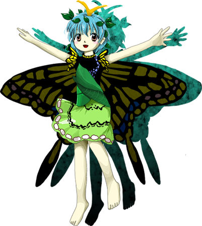 1girl antennae arms_up barefoot blue_hair butterfly_wings dress eternity_larva green_dress hidden_star_in_four_seasons leaf leaf_on_head lowres official_art oota_jun'ya shoes solo touhou wings