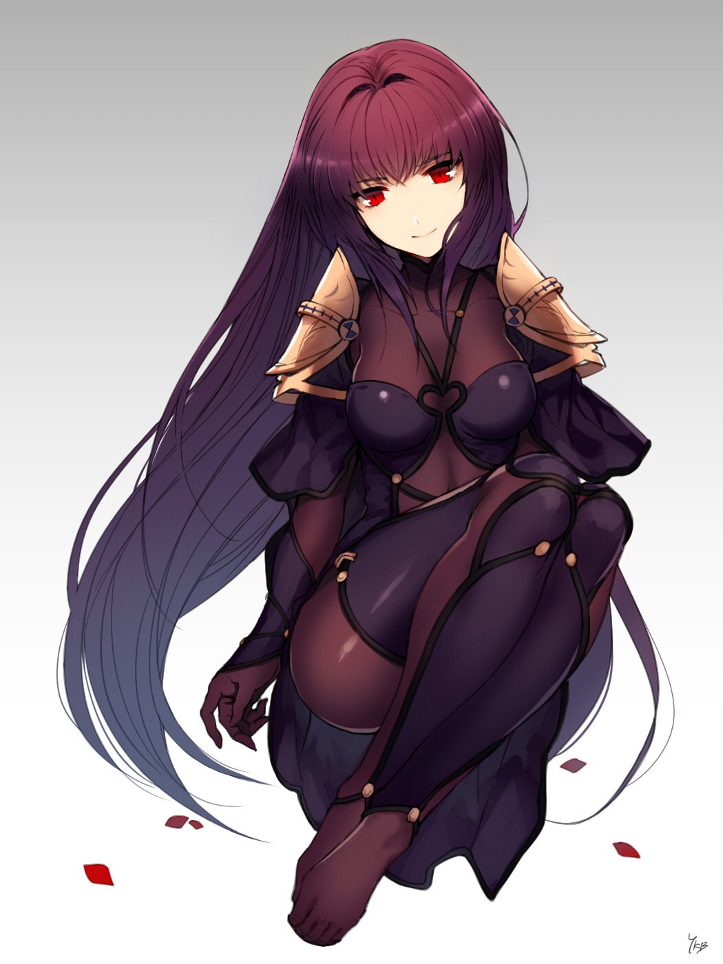 1girl armor bodysuit covered_navel fate/grand_order fate_(series) highres long_hair looking_at_viewer pauldrons petals purple_bodysuit purple_hair red_eyes scathach_(fate/grand_order) shiny shiny_clothes shoulder_armor smile solo veil very_long_hair yukibi_(ykb)