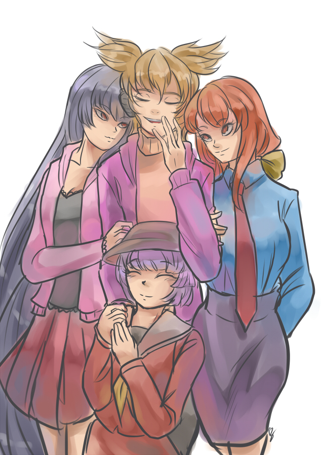 1boy 3girls ascot black_hair bow brown_hair closed_eyes dilaih genderswap hair_bow hand_holding houraisan_kaguya kotohime long_hair miniskirt multiple_girls necktie purple_hair red_eyes redhead shirt skirt smile sukuna_shinmyoumaru touhou touhou_(pc-98) toyosatomimi_no_miko very_long_hair