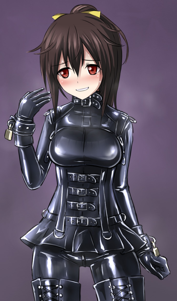 1girl belt blush bodysuit boots brown_eyes brown_hair collar corset cross-laced_footwear eyebrows_visible_through_hair frame_arms_girl gennai_ao latex latex_dress latex_suit lock padlock ponytail ribbon ribimura shiny shiny_clothes simple_background thigh-highs thigh_boots wrist_cuffs