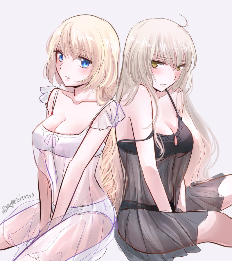 2girls ahoge alternate_costume bare_shoulders blonde_hair blue_eyes blush breasts cleavage collarbone commentary_request dual_persona fate/apocrypha fate/grand_order fate_(series) jeanne_alter long_hair looking_at_viewer medium_breasts multiple_girls nightgown ruler_(fate/apocrypha) see-through silver_hair sitting sleeveless sushimaro twitter_username v_arms yellow_eyes