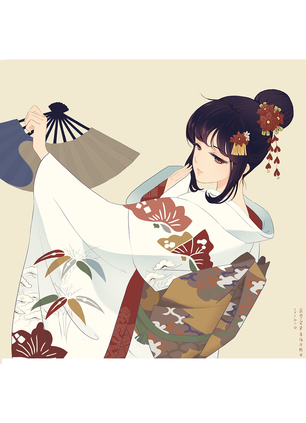 1girl ahoge black_hair eyebrows_visible_through_hair fan floral_print flower folding_fan from_behind hair_bun hair_flower hair_ornament highres holding japanese_clothes kanzashi kimono lips looking_back nape obi original paper_fan pink_lips red_eyes sash sidelocks simple_background solo tagme white_kimono wide_sleeves zdl_xiaobai