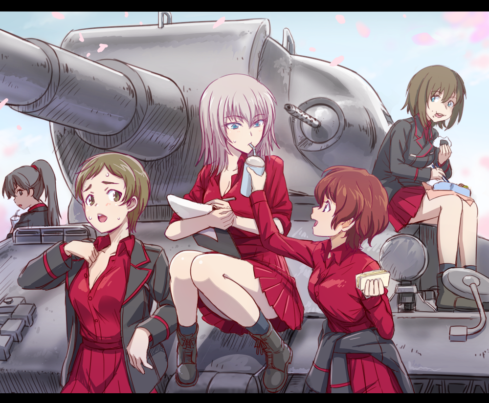 10s 5girls akaboshi_koume ankle_boots bangs black_boots black_hair black_jacket black_legwear blue_eyes boots brown_eyes brown_hair clipboard clothes_around_waist collar_tug commentary_request dress_shirt drinking extra food girls_und_panzer ground_vehicle holding hot indien_panzer itsumi_erika jacket jacket_around_waist kuromorimine_military_uniform kyata leaning_back letterboxed long_hair long_sleeves looking_at_another military military_uniform military_vehicle miniskirt motor_vehicle multiple_girls obentou onigiri open_clothes open_jacket pencil pleated_skirt ponytail red_shirt red_skirt ritaiko_(girls_und_panzer) scrunchie shirt short_hair silver_hair skirt socks soda_cup standing straw sweat sweatdrop tank uniform very_short_hair
