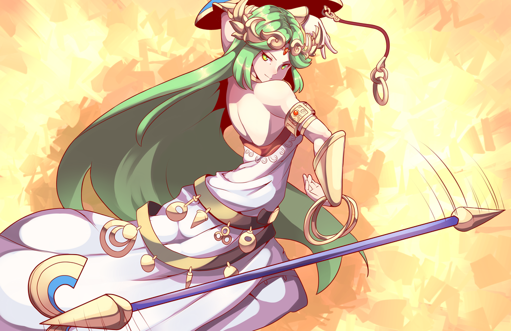 1girl bare_shoulders edgar_(azurebladexiii) green_eyes green_hair jewelry kid_icarus kid_icarus_uprising long_hair necklace palutena pole shield smile solo thigh-highs tiara very_long_hair