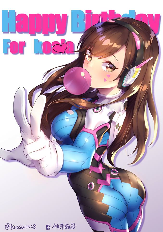 1girl arched_back ass blue_bodysuit blush bodysuit breasts brown_eyes brown_hair bubble_blowing chewing_gum d.va_(overwatch) facepaint facial_mark gloves gradient gradient_background happy_birthday headset heart high_collar jpeg_artifacts looking_at_viewer medium_breasts outstretched_arm overwatch pilot_suit ribbed_bodysuit shennai_misha shiny shiny_clothes shiny_hair skin_tight standing text twitter_username v whisker_markings white_gloves