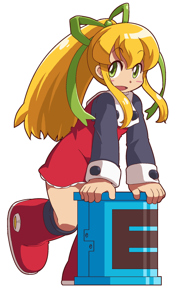 1girl :d bangs blonde_hair blush_stickers boots commentary_request dress energy_tank eyebrows_visible_through_hair frilled_dress frills green_eyes green_ribbon hair_ribbon hand_rest ki_(adotadot) knee_boots leaning_on_object long_hair long_sleeves looking_at_viewer one_leg_raised open_mouth ponytail red_boots red_dress ribbon rockman rockman_(classic) roll screw sidelocks simple_background smile solo turtleneck white_background