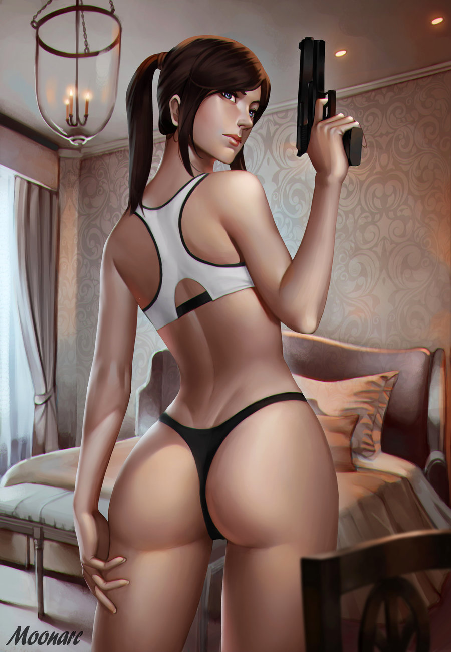 1girl arm_at_side artist_name ass audia_pahlevi bangs bare_arms bare_shoulders bed bed_sheet black_panties blanket brown_hair chair chandelier claire_redfield closed_mouth cowboy_shot curtains day finger_on_trigger fingernails from_behind gun hand_on_thigh hand_up handgun highres holding holding_gun holding_weapon indoors legs_apart lips long_hair looking_back nose panties parted_bangs pillow pink_lips piston ponytail resident_evil resident_evil_2 solo sports_bra thong thong_panties underwear weapon window