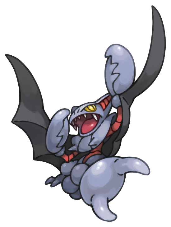 bat_wings black_wings facing_away flying full_body gliscor no_humans open_mouth pearl7 pincers pokemon pokemon_(creature) pokemon_(game) pokemon_dppt sharp_teeth simple_background solo stinger teeth tongue white_background wings yellow_eyes
