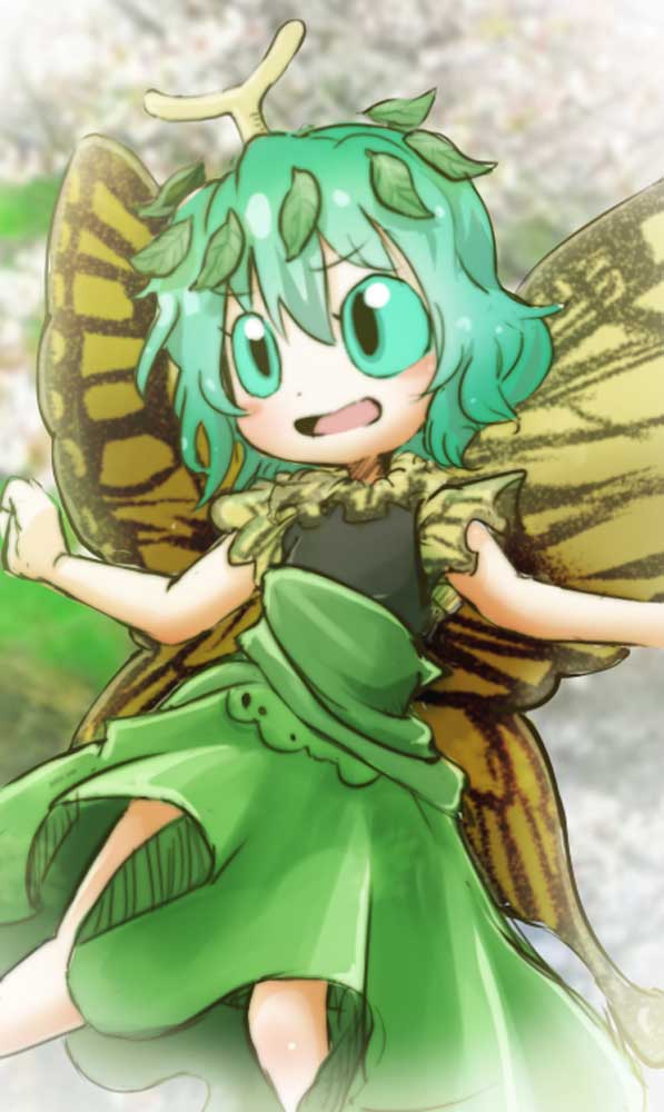 1girl antennae butterfly_wings chamaji commentary_request eternity_larva eyebrows_visible_through_hair green_hair green_sclera hair_between_eyes leaf open_mouth outstretched_arms short_hair short_sleeves skirt solo spread_arms touhou wings