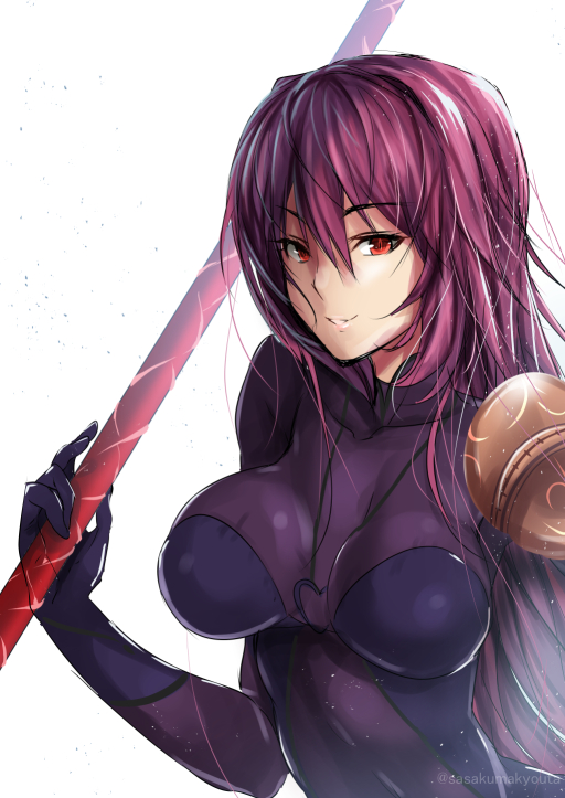 1girl armor bodysuit breasts fate/grand_order fate_(series) gae_bolg long_hair looking_at_viewer pauldrons polearm purple_bodysuit purple_hair red_eyes sasakuma_kyouta scathach_(fate/grand_order) shoulder_armor solo spear weapon